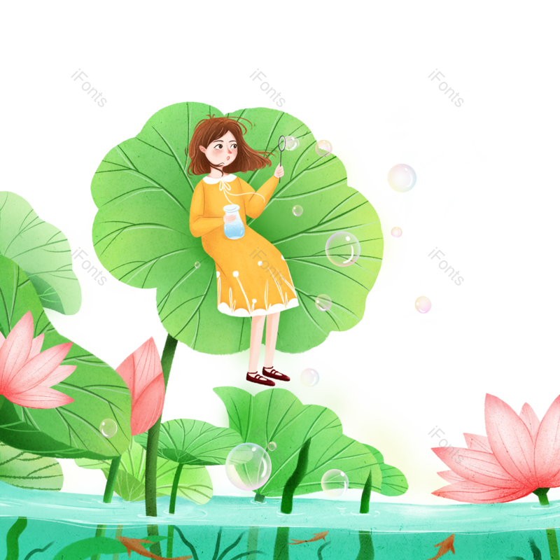 夏至图片,荷花元素,插画PNG,手绘插画免抠素材